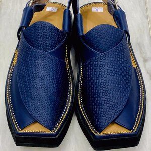 Blue Leather Sandals, Handmade Peshawari Chappal, Traditional Leather Blue